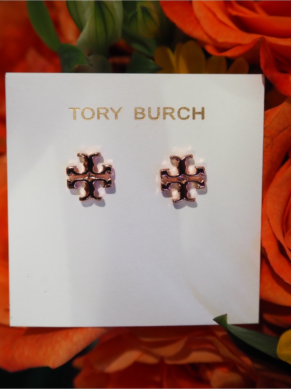 Tory Burch Rose Gold Logo Stud Earrings